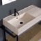 Console Sink Vanity With Beige Travertine Design Ceramic Sink and Natural Brown Oak Drawer, 35